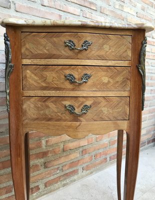 Mid-Century Bedside Tables in French Walnut With Marquetry & Marble Top, Set of 2-NOU-1344954