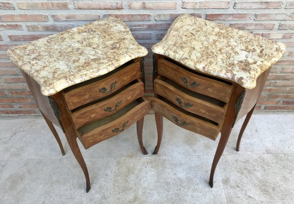 Mid-Century Bedside Tables in French Walnut With Marquetry & Marble Top, Set of 2-NOU-1344954