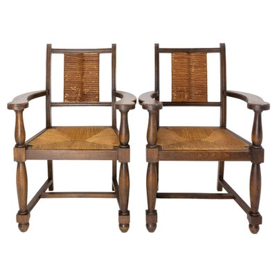 Mid-Century Beech and Straw Armchairs, France, 1940, Set of 2-RIU-1329331