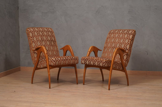 Mid-Century Beech Wood and Fabric Armchairs from Malatesta E Mason, 1950, Set of 2