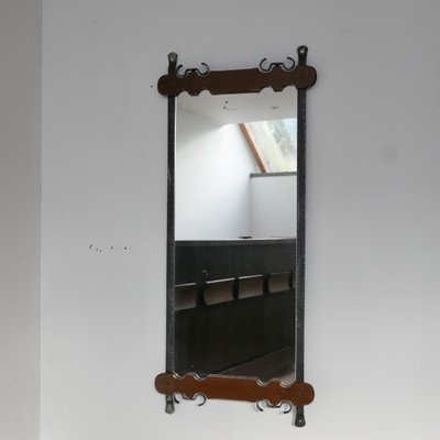 Mid-Century Belgian Brutalist Iron & Wood Mirror-JRP-906051