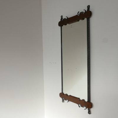 Mid-Century Belgian Brutalist Iron & Wood Mirror-JRP-906051