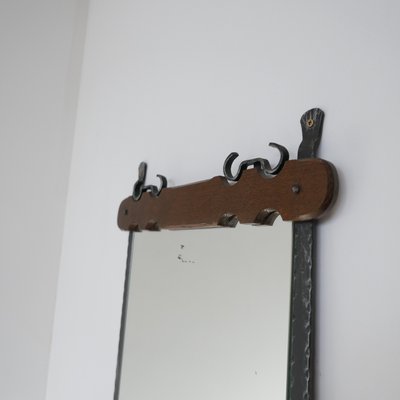 Mid-Century Belgian Brutalist Iron & Wood Mirror-JRP-906051