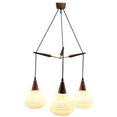 Mid-Century Belgian Teak with Frosted Optical Shade Tree Pendant Lights-MJY-1148805