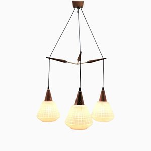 Mid-Century Belgian Teak with Frosted Optical Shade Tree Pendant Lights-MJY-1148805