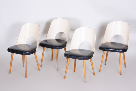 Mid-Century Black and White Chairs in Leather and Beech by Oswald Haerdtl, 1950s, Set of 4