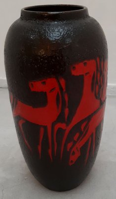 Mid-Century Black Floor Vase with Abstract Red Horses from Scheurich-HPX-745407