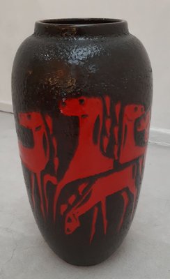 Mid-Century Black Floor Vase with Abstract Red Horses from Scheurich-HPX-745407