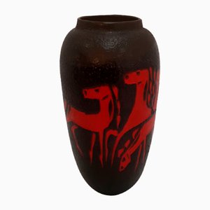 Mid-Century Black Floor Vase with Abstract Red Horses from Scheurich-HPX-745407