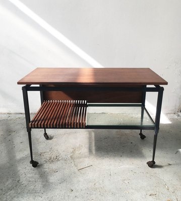 Mid-Century Black Iron Coffee Table with Clear Glass and Wooden Shelves-GGK-728817