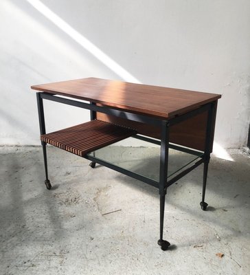 Mid-Century Black Iron Coffee Table with Clear Glass and Wooden Shelves-GGK-728817