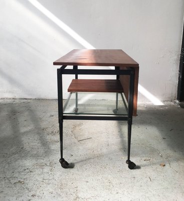 Mid-Century Black Iron Coffee Table with Clear Glass and Wooden Shelves-GGK-728817