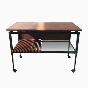 Mid-Century Black Iron Coffee Table with Clear Glass and Wooden Shelves-GGK-728817