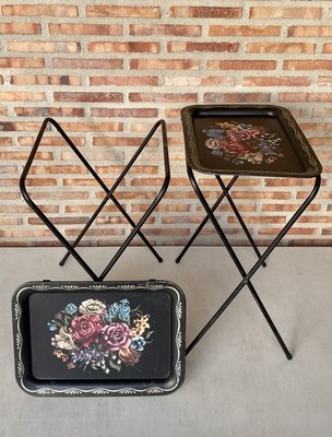 Mid-Century Black Metal Serving Trays on Folding Stand from CrestLine, 1960s, Set of 2-NOU-836871