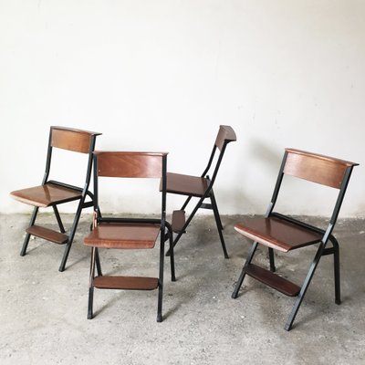 Mid-Century Black Painted Iron and Wood Folding Chairs, 1950s, Set of 4-GGK-635543