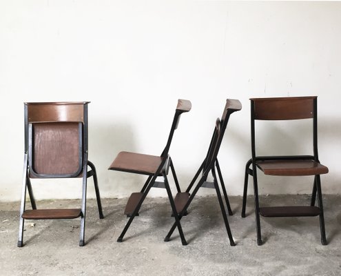 Mid-Century Black Painted Iron and Wood Folding Chairs, 1950s, Set of 4-GGK-635543