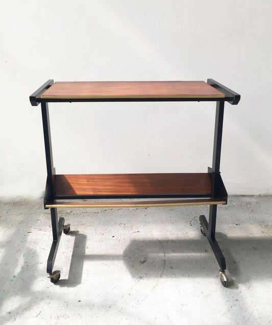 Mid-Century Black Steel Trolley with Veneer Panels and Gold Border, 1950s