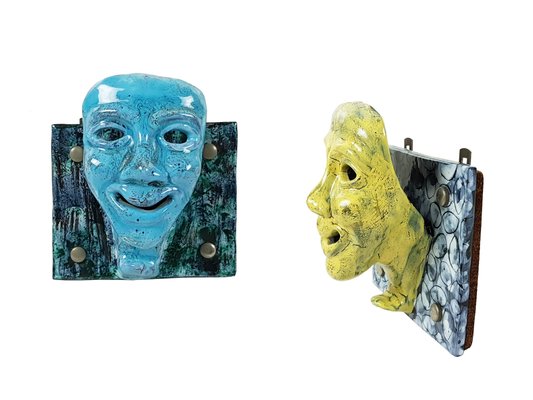 Mid-Century Blue and Yellow Ceramic Mask Wall Racks, 1950s, Set of 2-RD-2041982