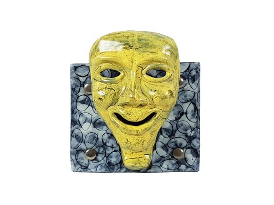 Mid-Century Blue and Yellow Ceramic Mask Wall Racks, 1950s, Set of 2-RD-2041982