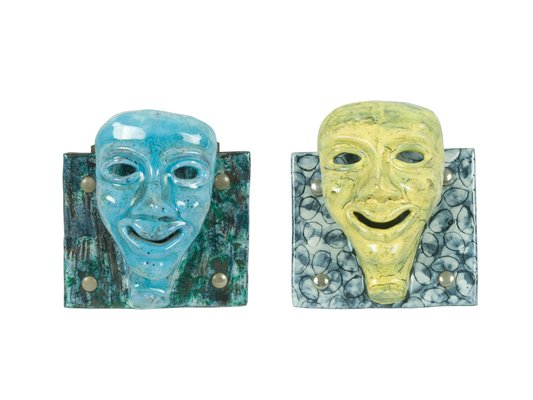 Mid-Century Blue and Yellow Ceramic Mask Wall Racks, 1950s, Set of 2-RD-2041982