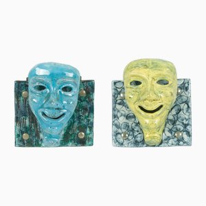 Mid-Century Blue and Yellow Ceramic Mask Wall Racks, 1950s, Set of 2-RD-2041982