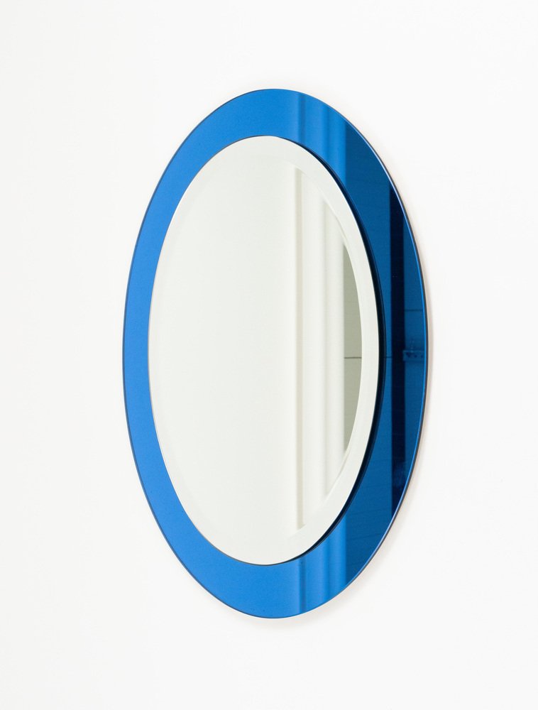 Mid-Century Blue Oval Wall Mirror attributed to Antonio Lupi for Cristal Luxor, Italy, 1960s