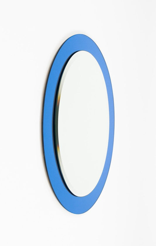 Mid-Century Blue Oval Wall Mirror attributed to Antonio Lupi for Cristal Luxor, Italy, 1960s