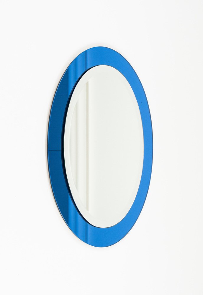 Mid-Century Blue Oval Wall Mirror attributed to Antonio Lupi for Cristal Luxor, Italy, 1960s