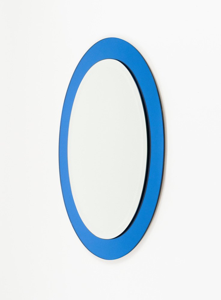 Mid-Century Blue Oval Wall Mirror attributed to Antonio Lupi for Cristal Luxor, Italy, 1960s