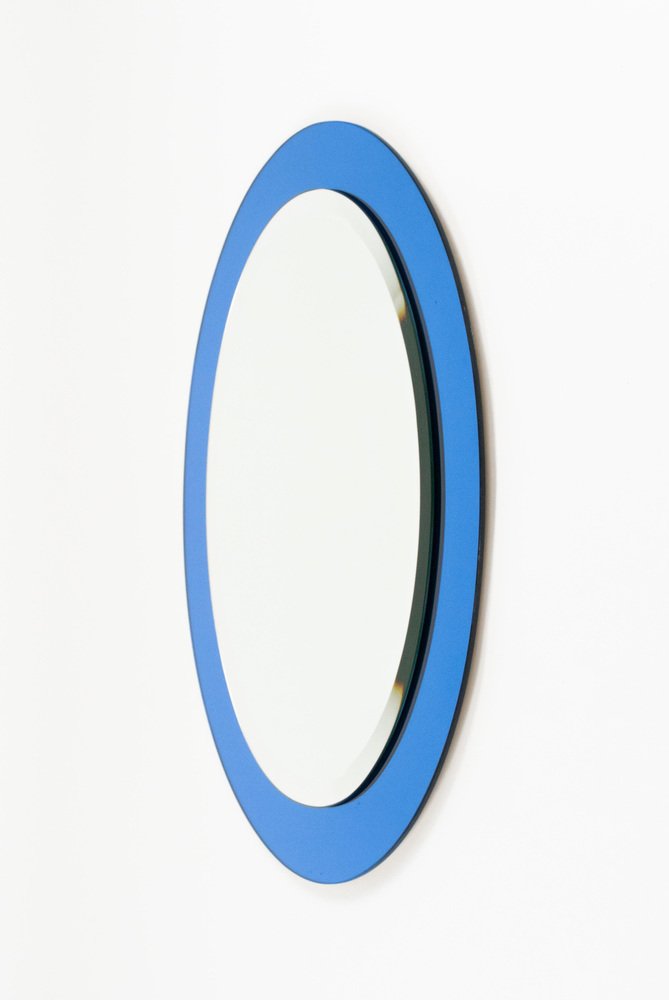 Mid-Century Blue Oval Wall Mirror attributed to Antonio Lupi for Cristal Luxor, Italy, 1960s