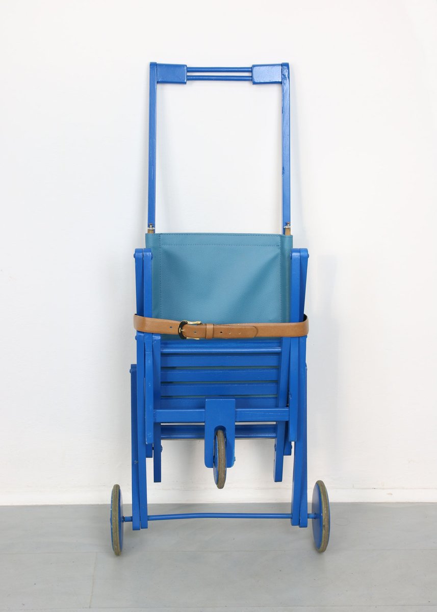 Mid-Century Blue Wooden Foldable Stroller, 1960s