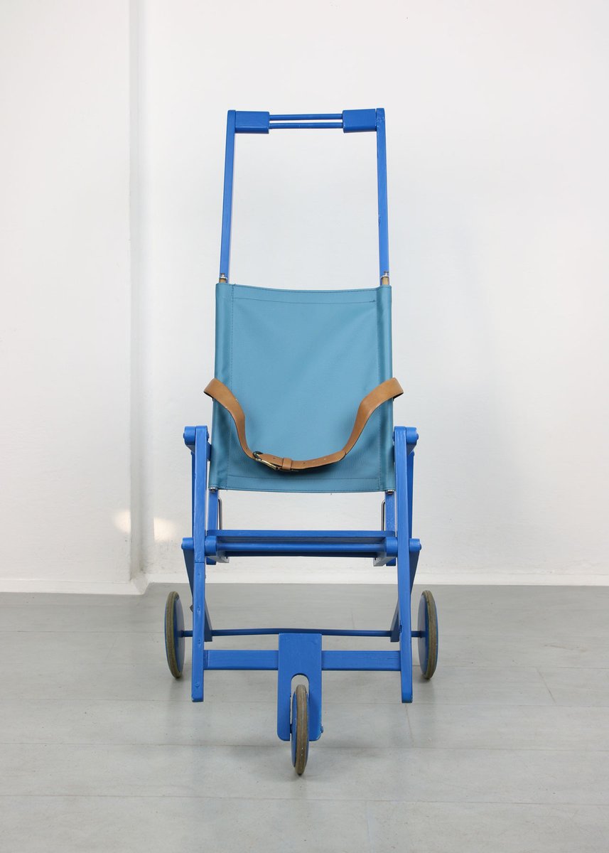 Mid-Century Blue Wooden Foldable Stroller, 1960s