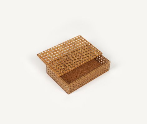 Mid-Century Box in Rattan, Acrylic Glass and Cork in the style of Christian Dior, Italy, 1970s-LYQ-1750925