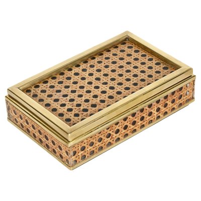 Mid-Century Brass, Acrylic Glass & Vienna Straw Decorative Box from Christian Dior, Italy, 1970s-JDR-2032986