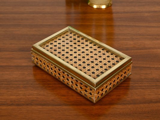 Mid-Century Brass, Acrylic Glass & Vienna Straw Decorative Box from Christian Dior, Italy, 1970s-JDR-2032986