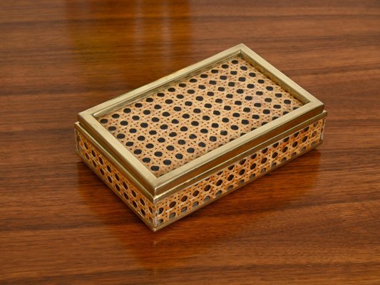 Mid-Century Brass, Acrylic Glass & Vienna Straw Decorative Box from Christian Dior, Italy, 1970s-JDR-2032986