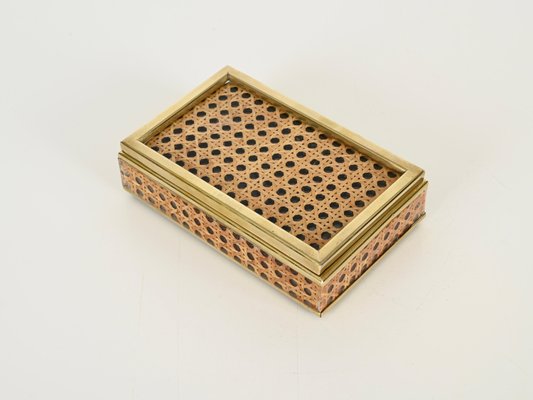 Mid-Century Brass, Acrylic Glass & Vienna Straw Decorative Box from Christian Dior, Italy, 1970s-JDR-2032986