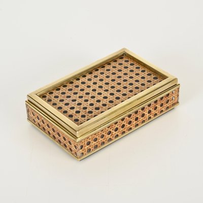 Mid-Century Brass, Acrylic Glass & Vienna Straw Decorative Box from Christian Dior, Italy, 1970s-JDR-2032986