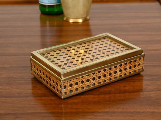 Mid-Century Brass, Acrylic Glass & Vienna Straw Decorative Box from Christian Dior, Italy, 1970s-JDR-2032986