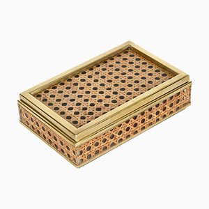 Mid-Century Brass, Acrylic Glass & Vienna Straw Decorative Box from Christian Dior, Italy, 1970s-JDR-2032986