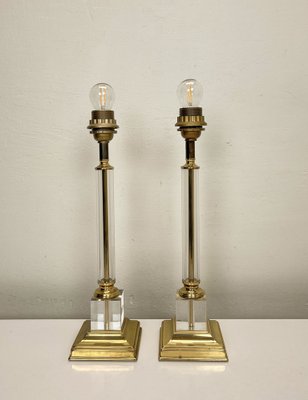 Mid-Century Brass and Acrylic Column Table Lamps, 1970, Set of 2-WZZ-1786833