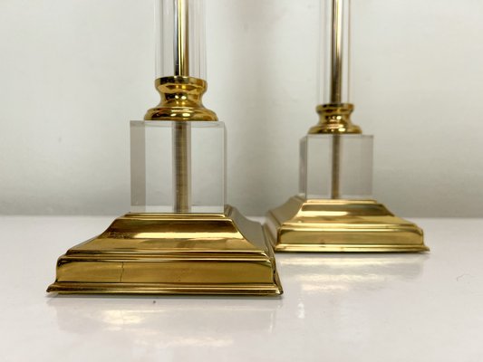 Mid-Century Brass and Acrylic Column Table Lamps, 1970, Set of 2-WZZ-1786833