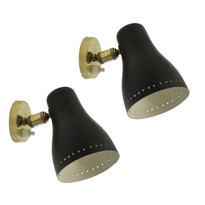 Mid-Century Brass and Black Adjustable Wall Lamps, 1950s, Set of 2-SY-1778142