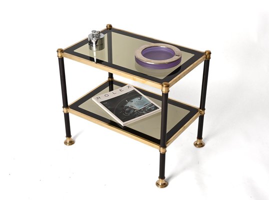 Mid-Century Brass and Black Metal Rectangular Coffee Table with Smoked Glass, 1970s-JDR-1249734