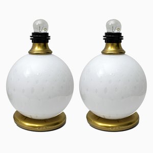 Mid-Century Brass and Murano Glass Table Lamps, 1970s, Set of 2-FER-552012