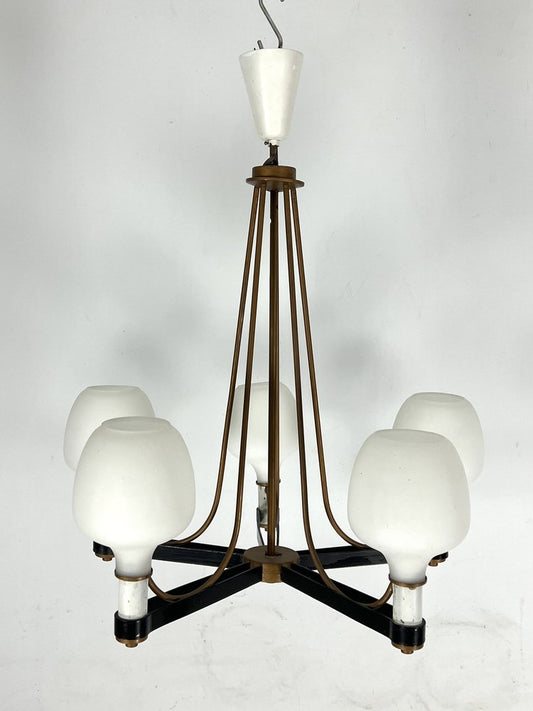 Mid-Century Brass and Opaline Glass 5-Arm Chandelier in th style of Arredoluce, Italy, 1950s