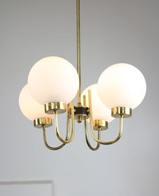 Mid-Century Brass and Opaline Glass Chandelier-HGJ-1078876