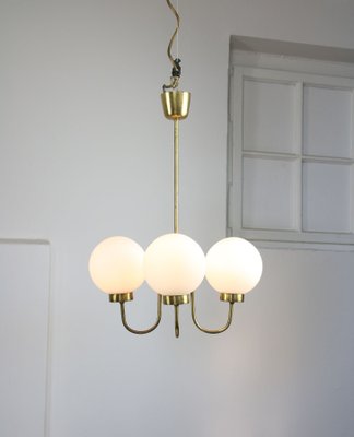 Mid-Century Brass and Opaline Glass Chandelier-HGJ-1078876