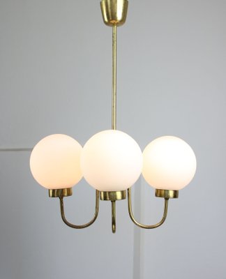 Mid-Century Brass and Opaline Glass Chandelier-HGJ-1078876