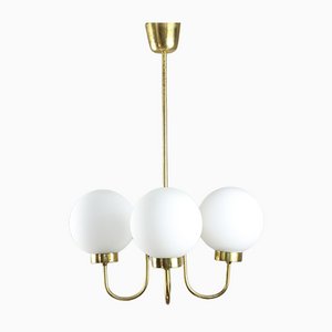 Mid-Century Brass and Opaline Glass Chandelier-HGJ-1078876